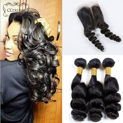 

8A 3 Bundles Peruvian Virgin Hair Loose Wave And Closure Ccollege Hair Products Peruvian Loose Wave With Lace Closure Extensions