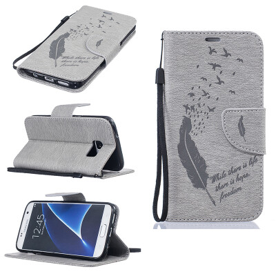 

Gray Feathers and birds Style Embossing Classic Flip Cover with Stand Function and Credit Card Slot for SAMSUNG GALAXY S7