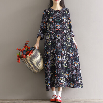 

CITYPLUS Arts&Sena Women&39s Retro Round Collar Flower Print Chiffon Loose Large Size One Long Dress CWQZ172457 Color L