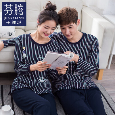 

Qian line art autumn Korean couple men&women pajamas long-sleeved striped cartoon home suit suit Q563154 Po Lan - male