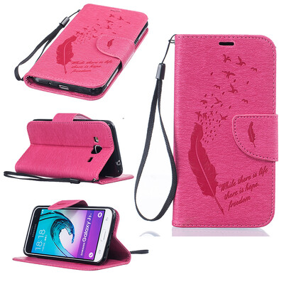 

Rose red Feathers and birds Style Embossing Classic Flip Cover with Stand Function and Credit Card Slot for SAMSUNG Galaxy J3 2016/J310