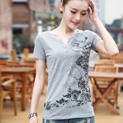 

Victoria の laying national wind large size printing fashion temperament wild simple V-neck short sleeve Korean casual T-shirt female PZIT3618 gray regular collar