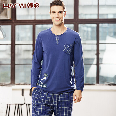 

Han Choi HACAI men&39s pajamas long-sleeved modal round neck thin card cartoon printing men&39s clothing suit blue 180105
