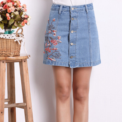 

Longyue Women Retro Embroidered Denim Skirt Embroidered Half-Length Single-breasted A-style Skirt LWQZ173419 Light Blue