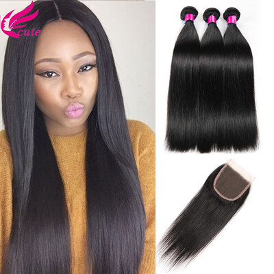 

Peruvian Virgin Hair Straight 3 Bundles with Closure Straight Human Hair with Closure FREE/2/3 Ways Lace Closure with 3 Bundles