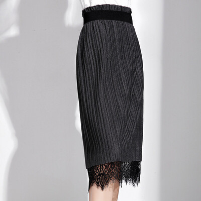 

MAZOE Korean fashion loose waist on both sides wear lace half skirt fake two pleated skirt M103 gray uniform