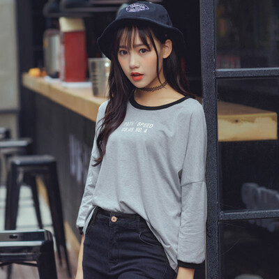 

Long Yue Women Korean version of the letter round neck loose sleeves sleeves T shirt shirt LWTC172416 gray M