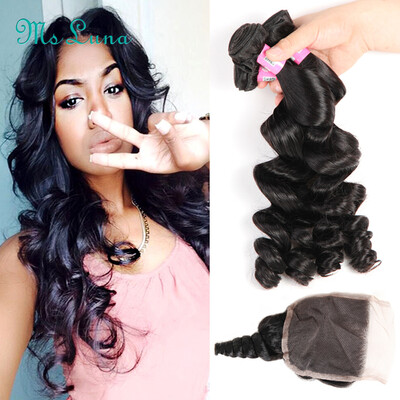 

8A Malaysian Loose Wave With Closure 3 Bundles Malaysian Virgin Hair With Lace Closure Full Loose Wave Human Hair With Closure