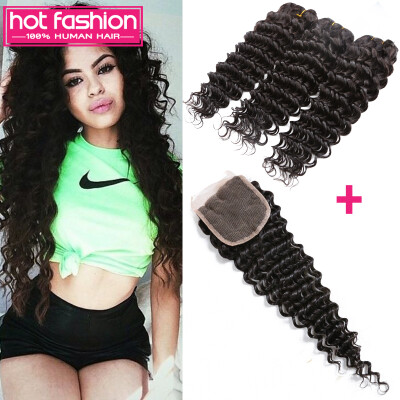 

8A Grade Unprocessed Brazilian 3 Bundles Deep Wave With Closure Brazilian Virgin Hair With Closure 100% Human Hair Free Shipping