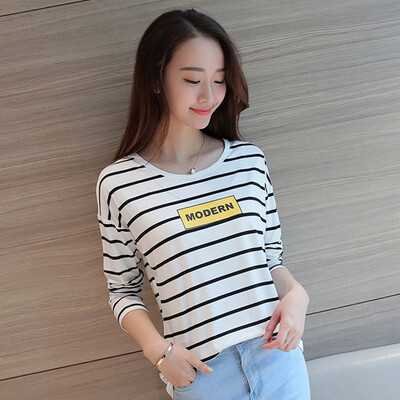 

Longyue Women&39s Tiny Slim Shirt Fashion Navy Wind Striped Long Sleeve Tee LWHSTC1617 White