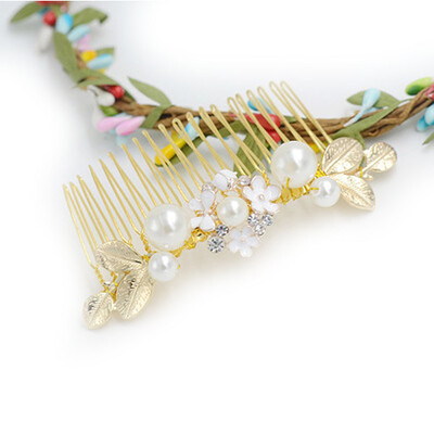

Golden Leaf Shape Hair fork Bridal Hairpin With Multi Crystal pearl Combs