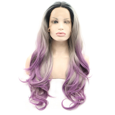 

Anogol 3 Tones Ombre Grey Mix Purple Peruca Laco SinteticoLong Wavy Dark Roots Hair Wig Synthetic Lace Front Wigs