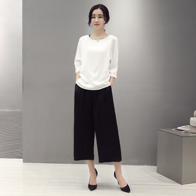 

A pond morning 2017 autumn women&39s self-cultivation temperament two-piece suit sleeves fashionable wide leg pants suit female S71R0521 on the white under the black S