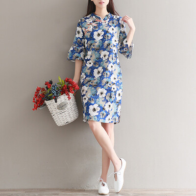 

City plus CITYPLUS retro art bouquet cotton and linen printing improved collar collar cheongsam dress dress CWQZ174466 blue L