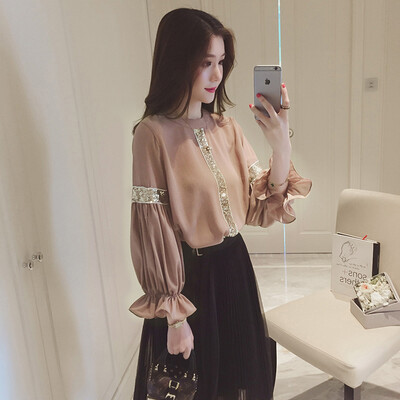 

Sustory women's clothing 2017 spring fashion horn sleeves chiffon shirt long sleeves loose round neck collar chiffon shirt tide SU081 lotus color all code