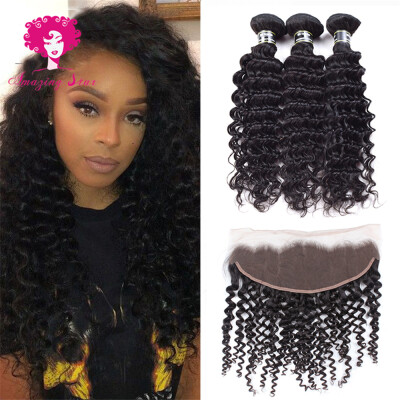 

Amazing Star Grade 7A Deep Wave Virgin Brazilian Hair 3 Bundles with 13x4 Lace Frontal Deep Wave Hair Bundles with Closure