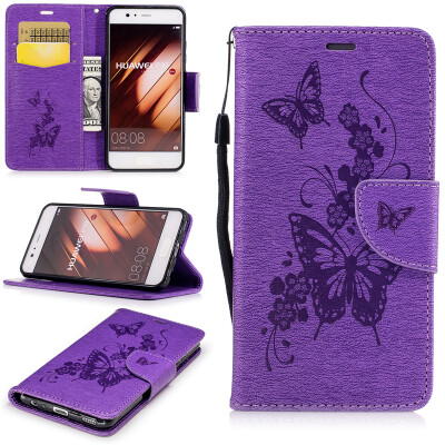 

Purple Butterfly Style Embossing Classic Flip Cover with Stand Function and Credit Card Slot for HUAWEI P10