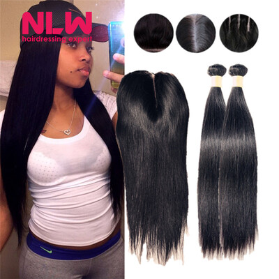 

N.L.W. 10A Brazilian virgin human hair 4 bundles with closure Silk straight hair weaves with closure