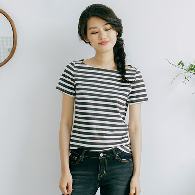 

INMAN 2017 summer new text cotton short-sleeved striped T-shirt female black&white  1872022381