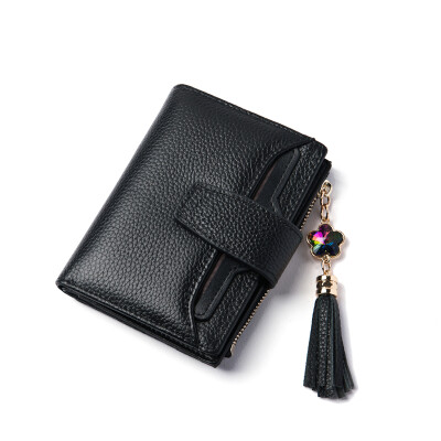 

DOODOO wallet female short paragraph Korean zipper three fold head layer cowhide women&39s wallet multi-function coin wallet multi-card hand bag large capacity D6886 black