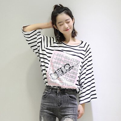 

City Plus CITYPLUS Faculty of Arts Wind&White Striped Letter Print Half Sleeve T-Shirt Female CWTD173451 Black&White Striped