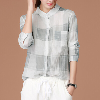

CITYPLUS Fansson Folds Casual Lattice Lapel Collar Shirt Female CWCC171164 Green Gray