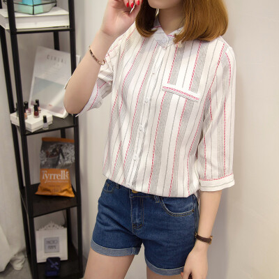 

VIVAHEART Korean casual fashion stripes cotton and linen shirt blouse VWCD174141 black striped M