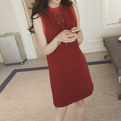 

Sustory women&39s clothing 2017 spring&summer Korean fashion temperament bow sleeves sleeveless dress women in the long section of the bottom straight a word skirt SU073 rouge deep red