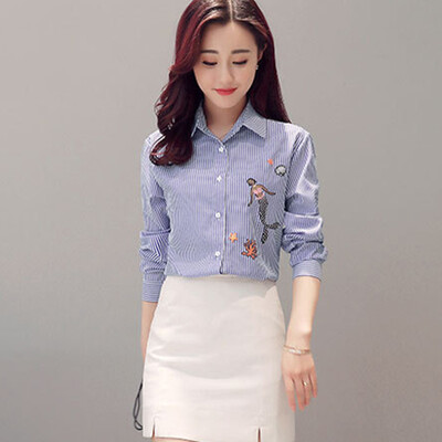 

Longyue Women&39s Striped Mermaid Embroidered Long Sleeve Shirt Simple Wild Shirt LWCC173414 Blue M