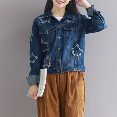 

City Plus CITYPLUS Arts & Crafts Broad Star Relaxation Code Long Sleeve Denim Cloth Patch Short Jacket CWWY173351 Blue