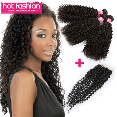 

8A Unprocessed Brazilian Curly Virgin Hair With Closure 3 Bundles With Closure Hot Fashion Hair Brazilian Virgin Hair With Closure