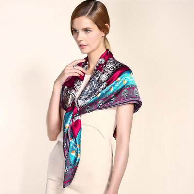 

Gem butterfly high-grade satin silk silk scarf lady spring and autumn wild scarf 110cm large square scarf 16 m meter heavy gift box packaging / silver flow flower tin