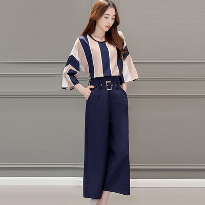 

A pond morning 2017 summer professional women's suit wild loose nine points sleeves round neck short jacket waist narrow waist leg pants S71R0374A181M possession of blue