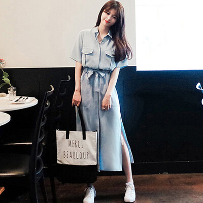 

Longyue Women&39s High Waistband Dresses College Wind Short Sleeve Open Shirt Dress LWQZ174111 Blue M