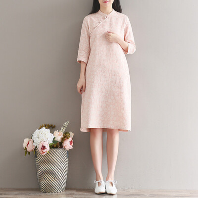 

City plus CITYPLUS retro art cotton&linen cheongsam fresh print collar collar cheongsam dress dress female CWQZ174467 pink M