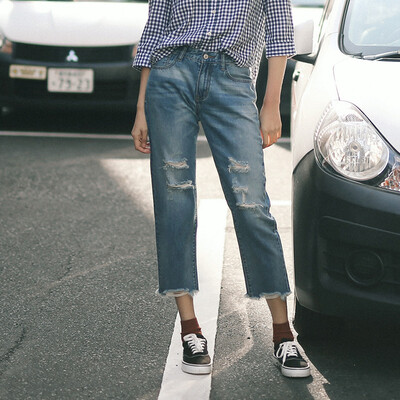 

And pure Raincun hole denim cropped trousers women loose thin edging cover wide leg pants straight pants N2276 32 yards