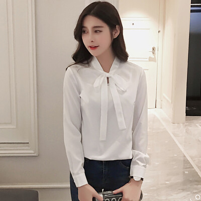 

Longyue Women's College Pure Color Shirt Shirt Shirt Slim Long Sleeve Bow Shirt LWCC173314 White