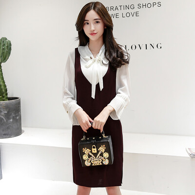 

A morning 2017 autumn Korean long-sleeved big-size dress female temperament wild commuter suit skirt S71R0263A3XL wine red XL