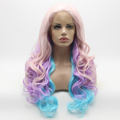 

Iwona Hair Wavy Long Pink Light Purple Blue Mix Wig Half Hand Tied Heat Resistant Synthetic Lace Front Wig