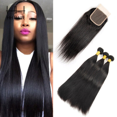 

HHHair Brazilian Virgin Hair Straight With Closure Brazilian Virgin Hair 3 Bundles With Closure Brazilian Straight Hair With Cl