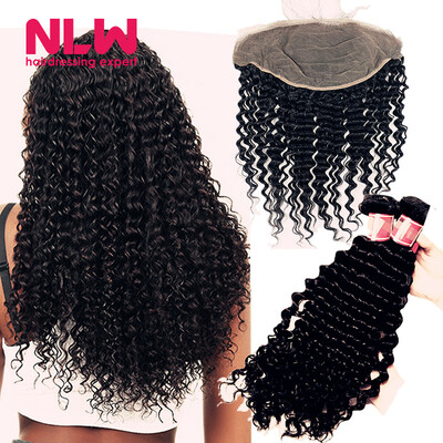 

N.L.W. 10A Brazilian virgin human hair 4 bundles with frontal Deep wave hair weaves with frontal