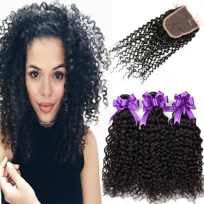 

Malaysian Kinky Curly Virgin Hair With Closure 4X4 Malaysian Curly Hair Lace Closure With Bundles Curly Weave Human Hair Closure