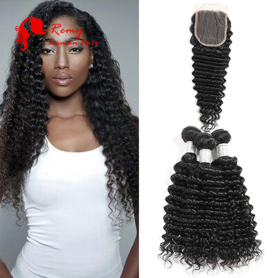 

Brazilian Deep Wave With Lace Closure 7a Remy Human Hair 3 Bundles With Closure Brazilian Virgin Hair Deep Curly With Closure