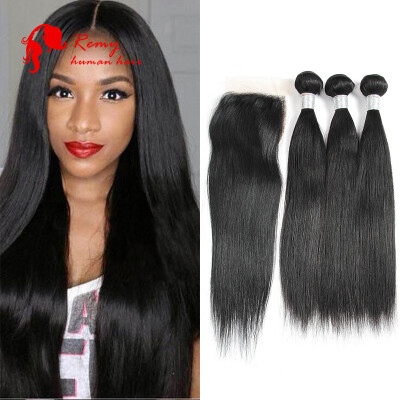 

7A Peruvian Straight Hair With Closure 3 Bundles With Closures Human Hair With Lace Closure human Hair Weave with Closure