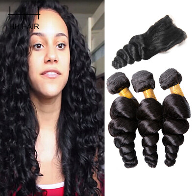 

HHHair Cambodian Virgin Hair Loose Wave With Closure Weave Human Hair 3 Bundles With 4x4 inch Lace closure Cambodian Loose Wave