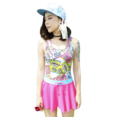 

QIHAI (QIHAI) ladies swimwear conjoined skirt was thin conservative cover belly angle hot spring small chest chest gather swimsuit 7116-2 pink XL code