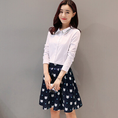 

Long Yue Women Korean Slim One Piece Dress Print Short Skirt Set Skirt Two-piece Set LWQZ172421 White L