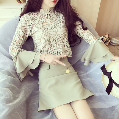

sustory women 2017 Japanese collar collar embroidery lace stitching yarn double-layer speaker sleeves bow half skirt two sets of spring SU075 light green