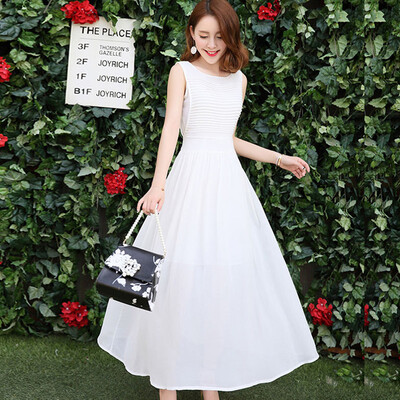 

A bowl of morning 2017 summer Korean long skirt Slim was thin temperament simple round neck large size women sleeveless dress S72R0020A7M white M
