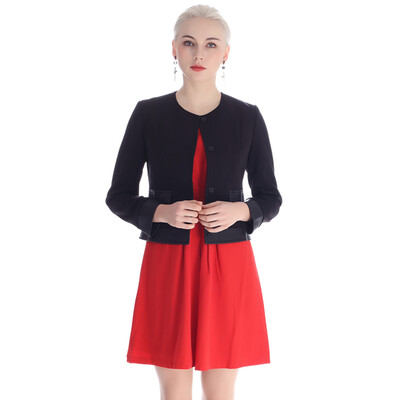 

Aise V DOUCE Women&39s black round neck leather stitching wild short jacket ADT862250240